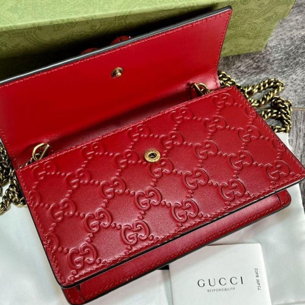 二手99Gucci 古馳經典爆款紅色全皮櫻桃mini鏈條包 超級好看哦-細節圖5