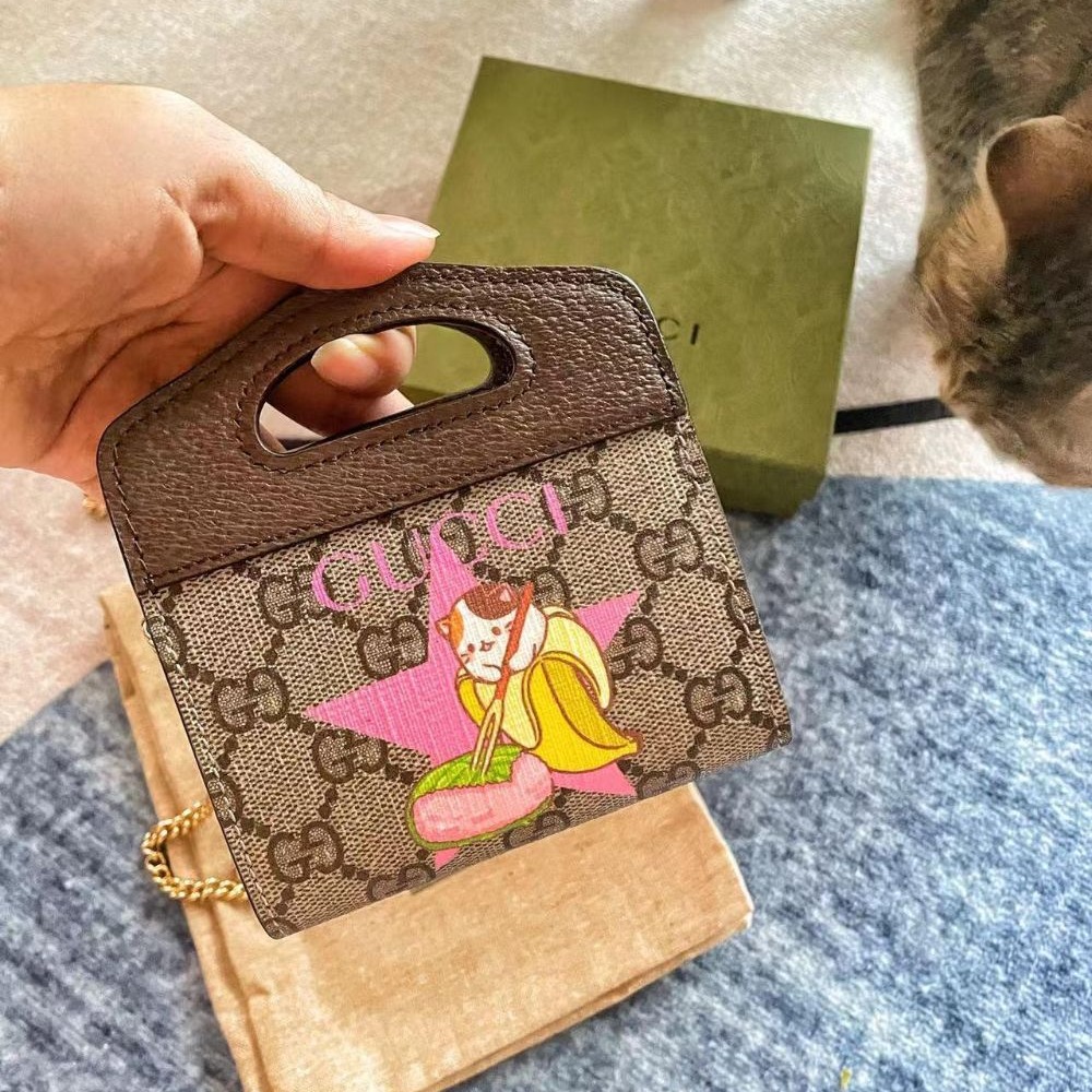 二手99新Gucci古馳女包xBananya香蕉貓咪聯名款迷你手提單肩斜挎包701066-細節圖2