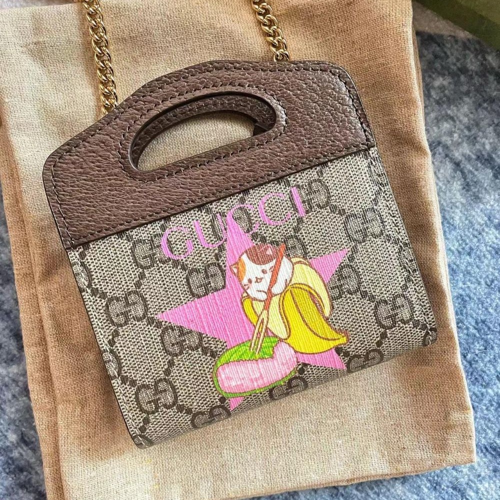 二手99新Gucci古馳女包xBananya香蕉貓咪聯名款迷你手提單肩斜挎包701066-細節圖3