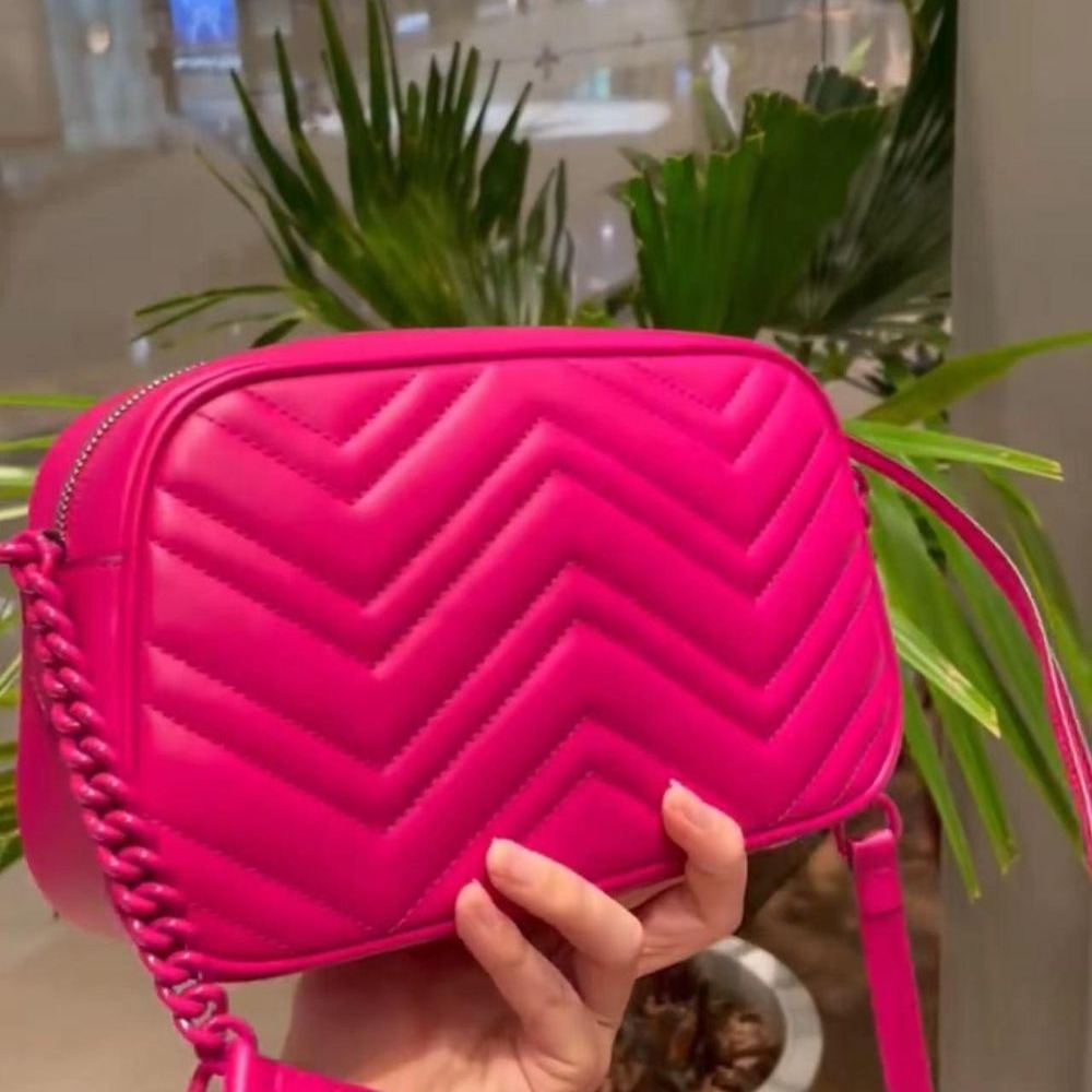 二手99新Gucci古馳女包少女粉色GG Marmont相機包馬蒙小號單肩包447632-細節圖2