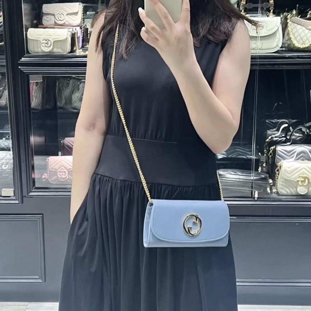 二手99新  GUCCI/女士黑色皮革雙G配飾金色鏈條長款錢包2色可選-細節圖2