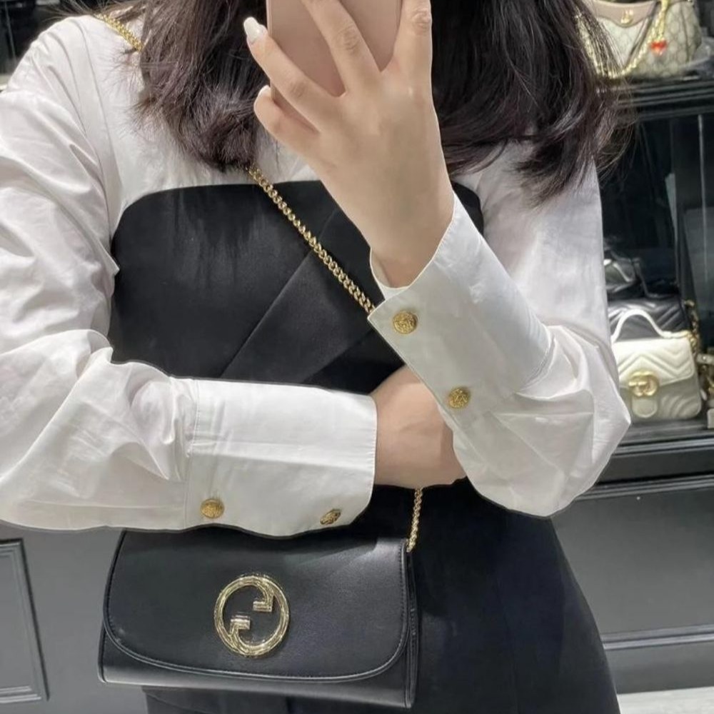 二手99新  GUCCI/女士黑色皮革雙G配飾金色鏈條長款錢包2色可選-細節圖3