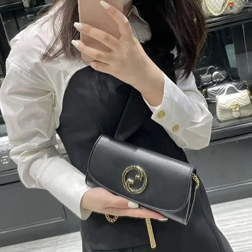 二手99新  GUCCI/女士黑色皮革雙G配飾金色鏈條長款錢包2色可選-細節圖4