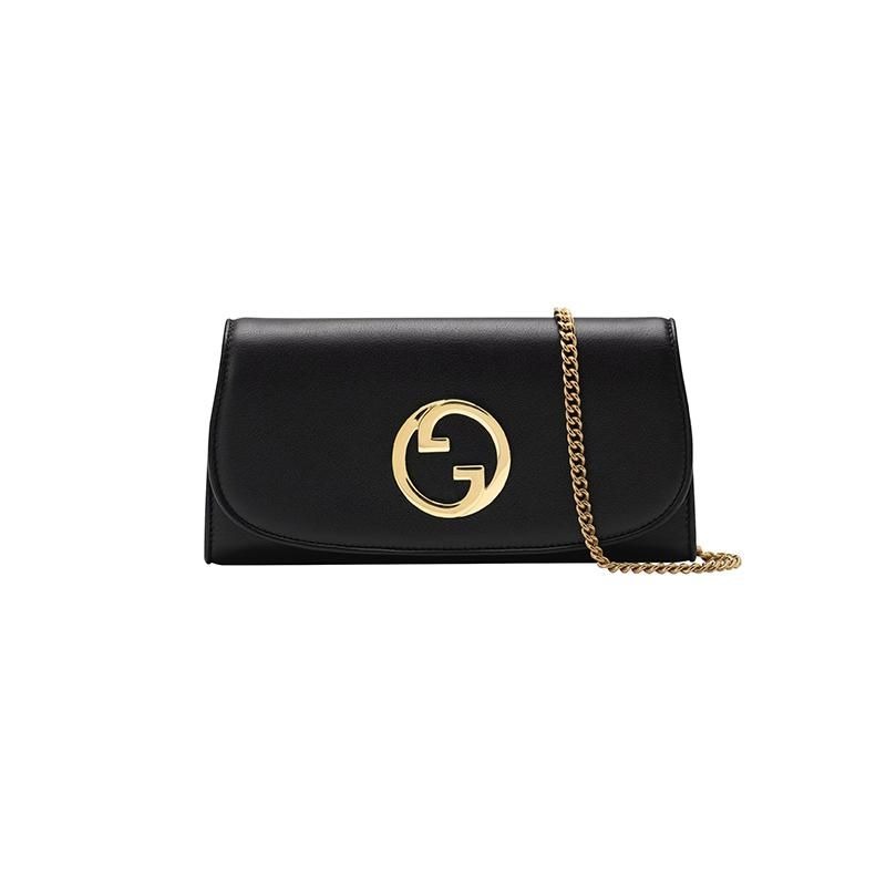 二手99新  GUCCI/女士黑色皮革雙G配飾金色鏈條長款錢包2色可選-細節圖5