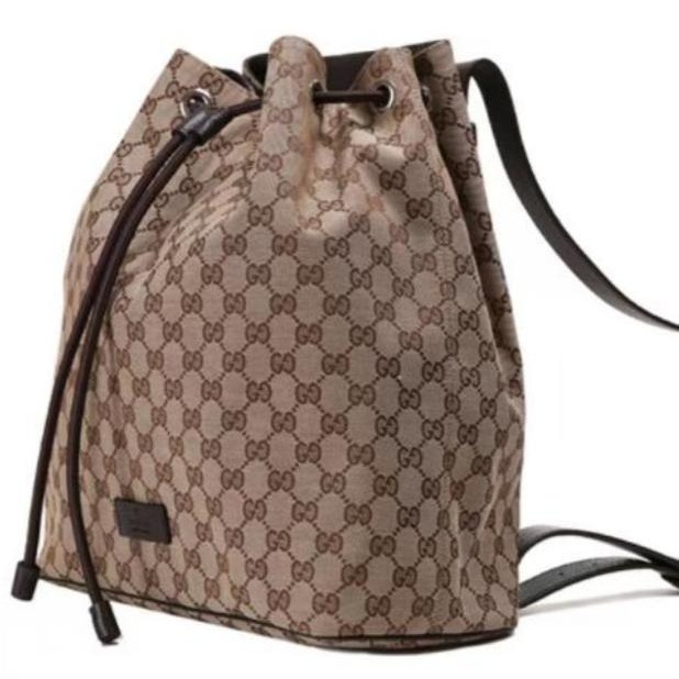 二手99新GUCCI古馳 老花Logo抽繩 帆布水桶包書包背包雙肩包-細節圖2