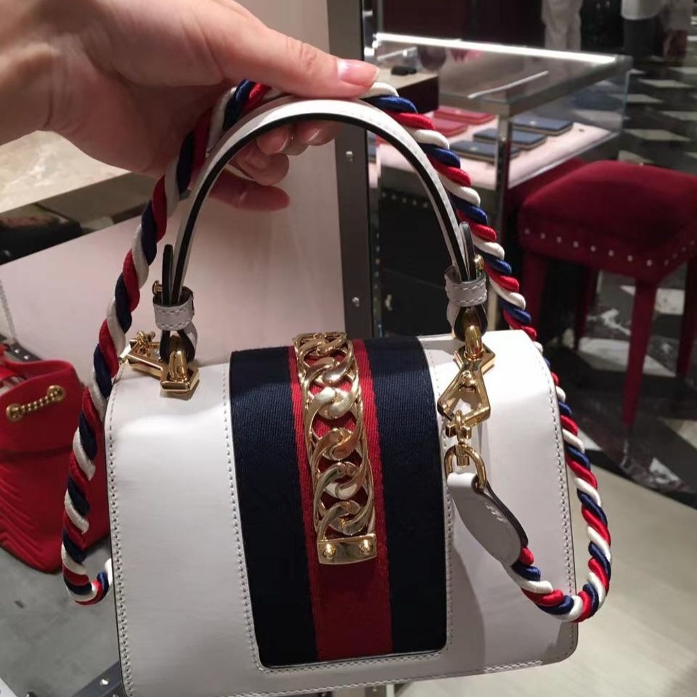 二手99新Gucci古馳女包白金扣SYLVIE織帶迷你手提單肩包斜挎包470270-細節圖2