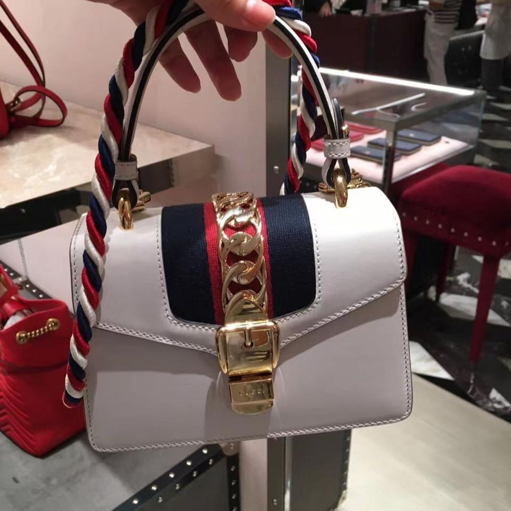 二手99新Gucci古馳女包白金扣SYLVIE織帶迷你手提單肩包斜挎包470270-細節圖4