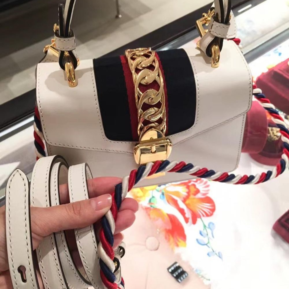 二手99新Gucci古馳女包白金扣SYLVIE織帶迷你手提單肩包斜挎包470270-細節圖5
