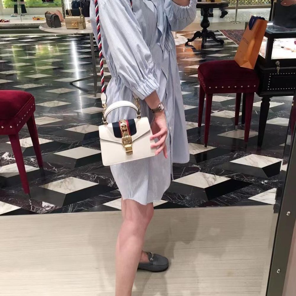 二手99新Gucci古馳女包白金扣SYLVIE織帶迷你手提單肩包斜挎包470270-細節圖6