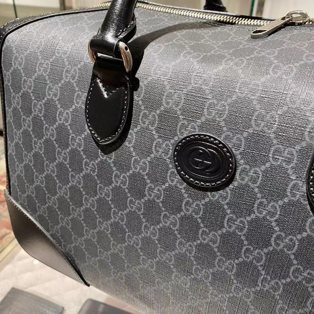 二手99新Gucci古馳男包黑色互扣式雙G旅行包手提休閑旅行袋696014-細節圖6