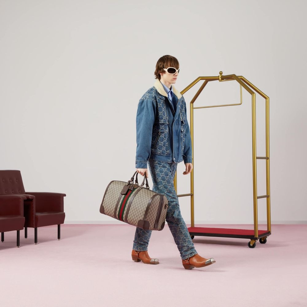 二手99新23新款Gucci古馳男包米色大號GG手提旅行包休閑旅行袋724612-細節圖7