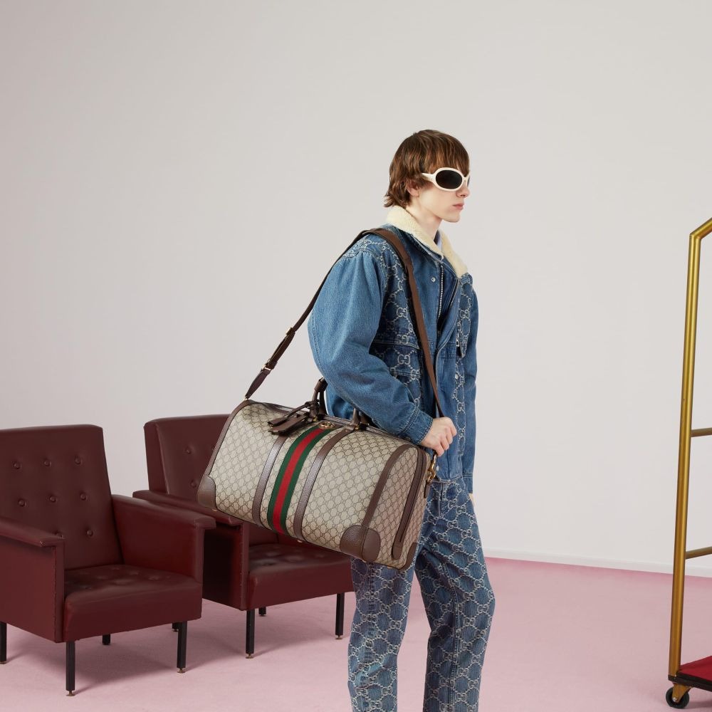 二手99新23新款Gucci古馳男包米色大號GG手提旅行包休閑旅行袋724612-細節圖8