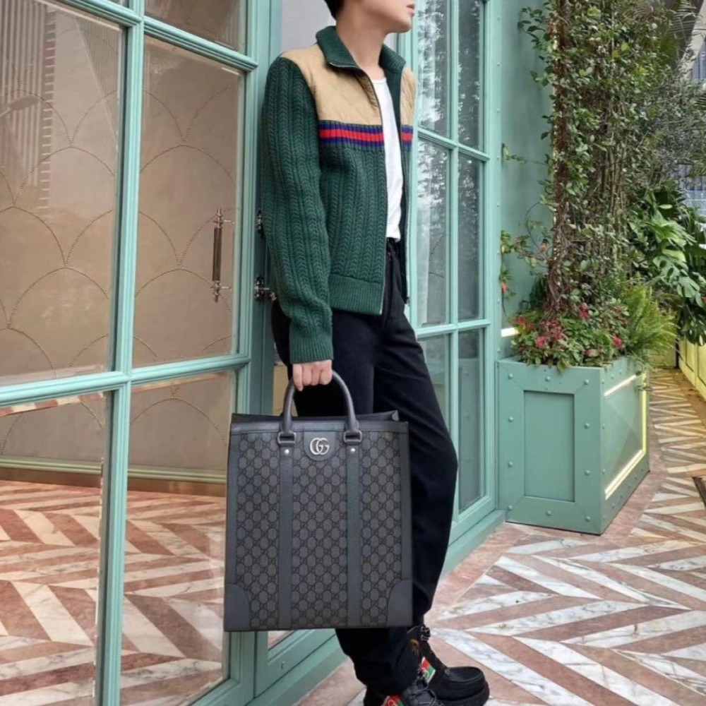 二手99新23新款Gucci古馳男包灰色Ophidia中號手提托特包休閑單肩包731793-細節圖4