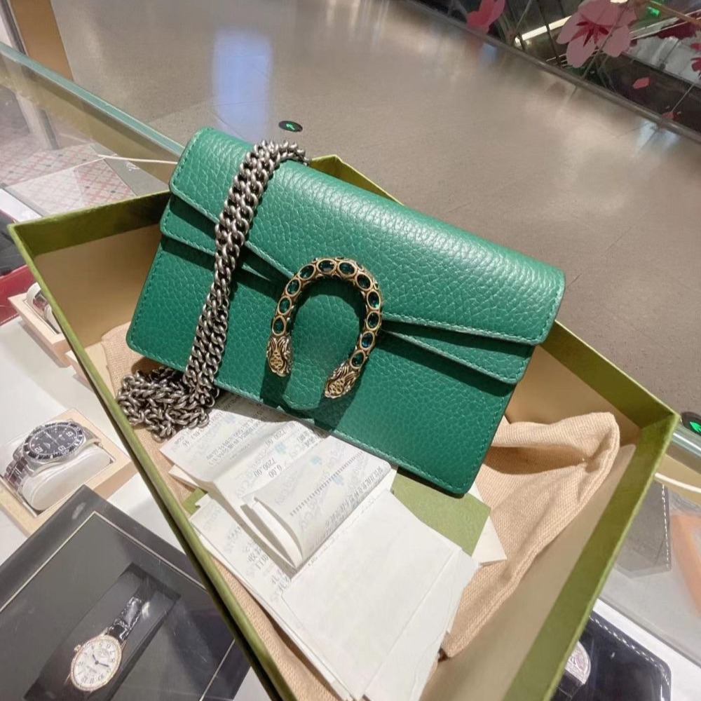 二手98新Gucci古馳女包祖母綠色酒神包超迷你WOC斜挎單肩包476432-細節圖3