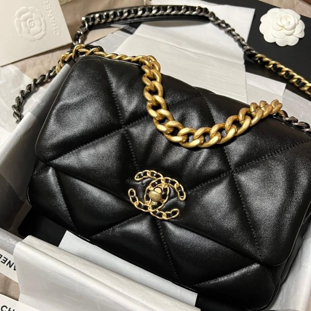 二手99CHANEL香奈兒經典19系列黑色小羊皮金銀拼色中號斜挎單肩包-細節圖3