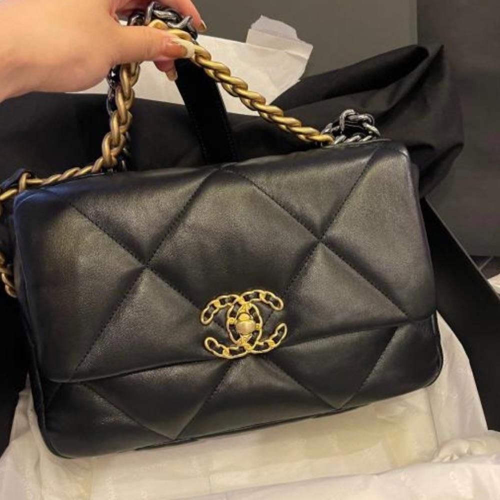 二手99CHANEL香奈兒經典19系列黑色小羊皮金銀拼色中號斜挎單肩包-細節圖4