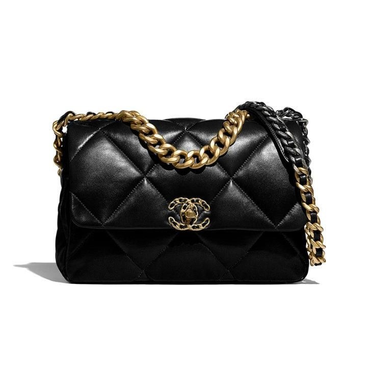 二手99CHANEL香奈兒經典19系列黑色小羊皮金銀拼色中號斜挎單肩包-細節圖5