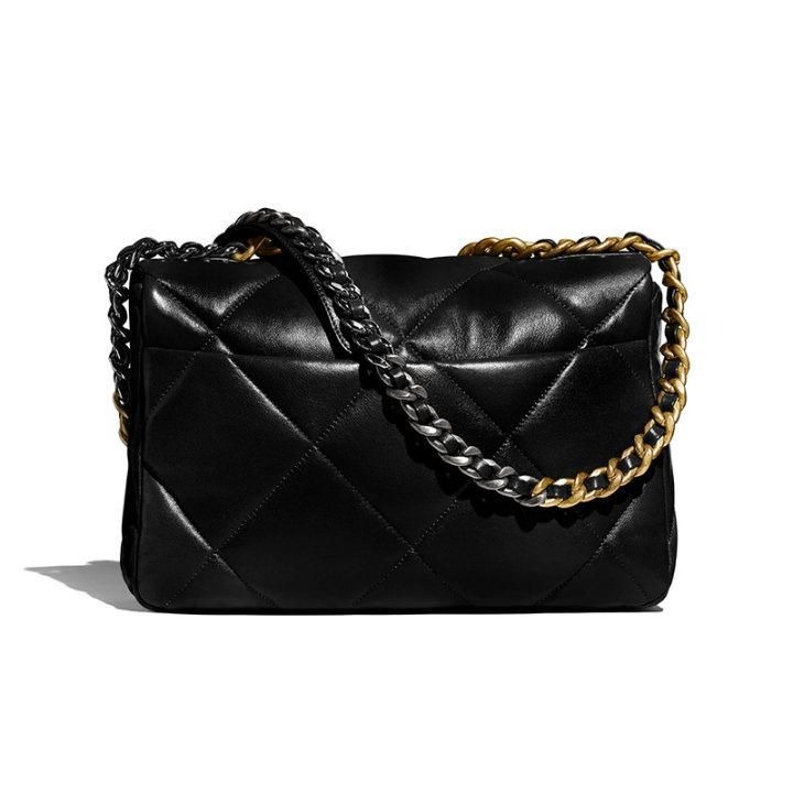 二手99CHANEL香奈兒經典19系列黑色小羊皮金銀拼色中號斜挎單肩包-細節圖6