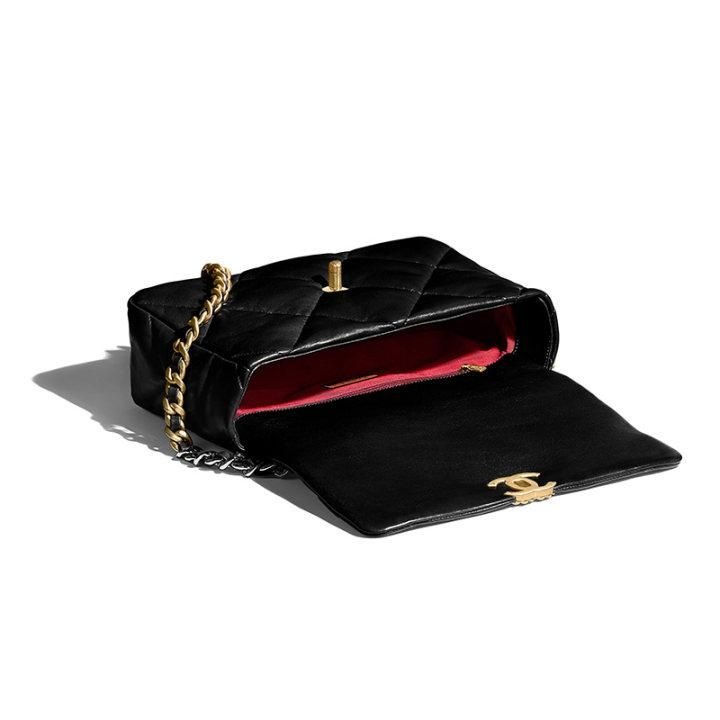 二手99CHANEL香奈兒經典19系列黑色小羊皮金銀拼色中號斜挎單肩包-細節圖7