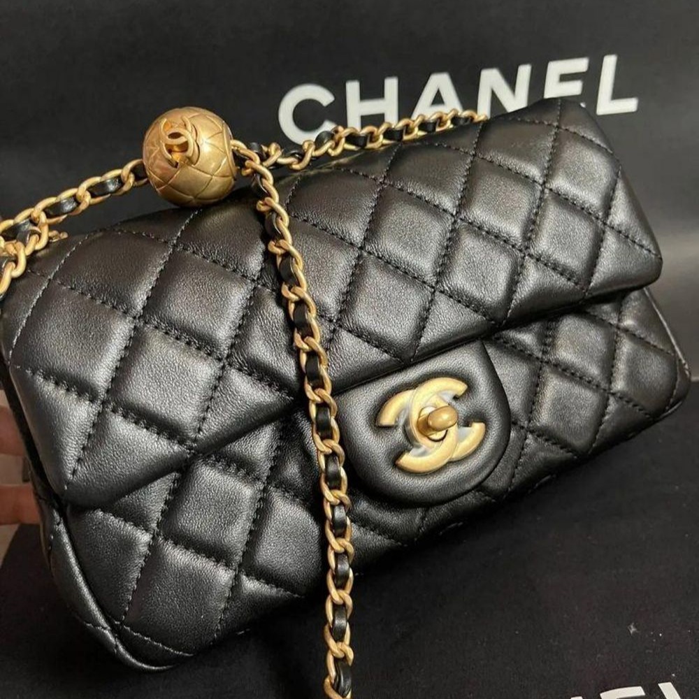 二手99新CHANEL 香奈兒女包 cf口蓋包小金球單肩斜挎包黑色金扣鏈條包-細節圖2