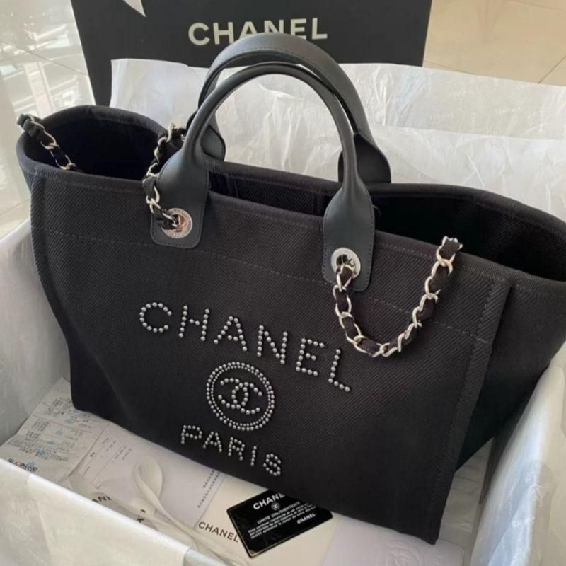 二手Chanel香奈兒女包帆布珍珠鏈條手提單肩包購物袋-細節圖2