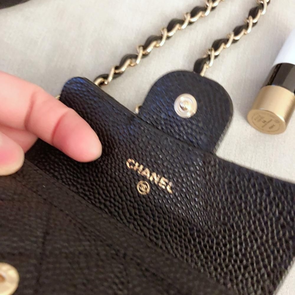 二手99Chanel 黑金/銀卡包 香奈兒 黑色荔枝紋皮萬年經典款按扣迷你卡包-細節圖3