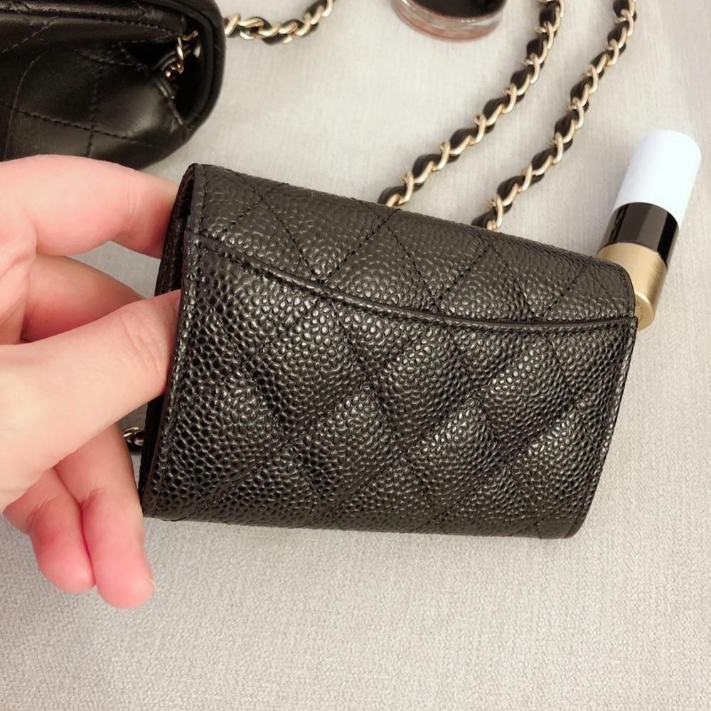 二手99Chanel 黑金/銀卡包 香奈兒 黑色荔枝紋皮萬年經典款按扣迷你卡包-細節圖4