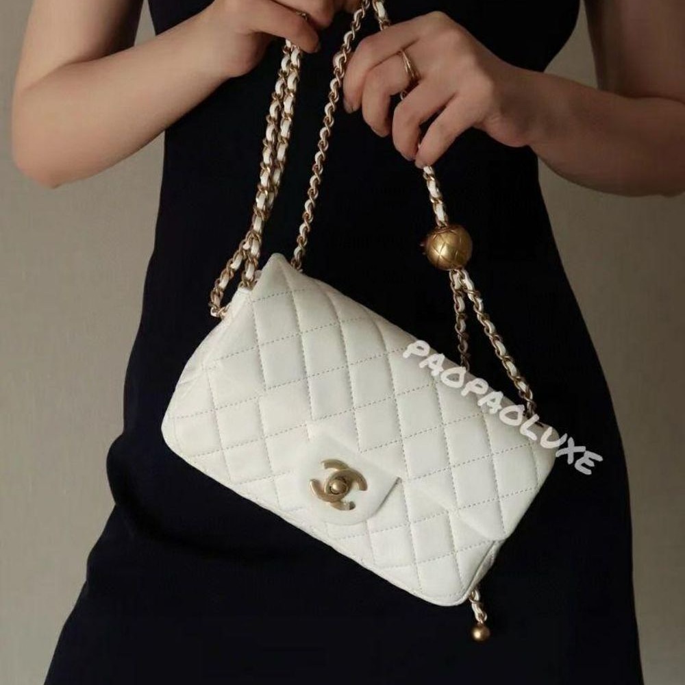 二手Chanel 香奈兒白雪公主/灰金金珠/金球大mini 單肩包斜挎包鏈條包-細節圖4