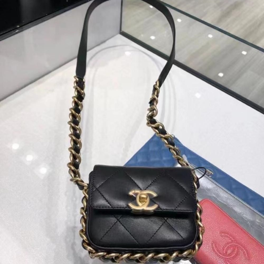 二手99Chanel香奈兒女包新款黑色雙C金扣皮穿鏈翻蓋小方包斜挎包mini-細節圖2