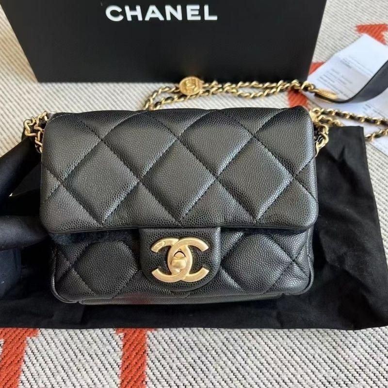 二手CHANEL 香奈兒22B新款荔枝紋金幣方胖子鏈條包-細節圖2