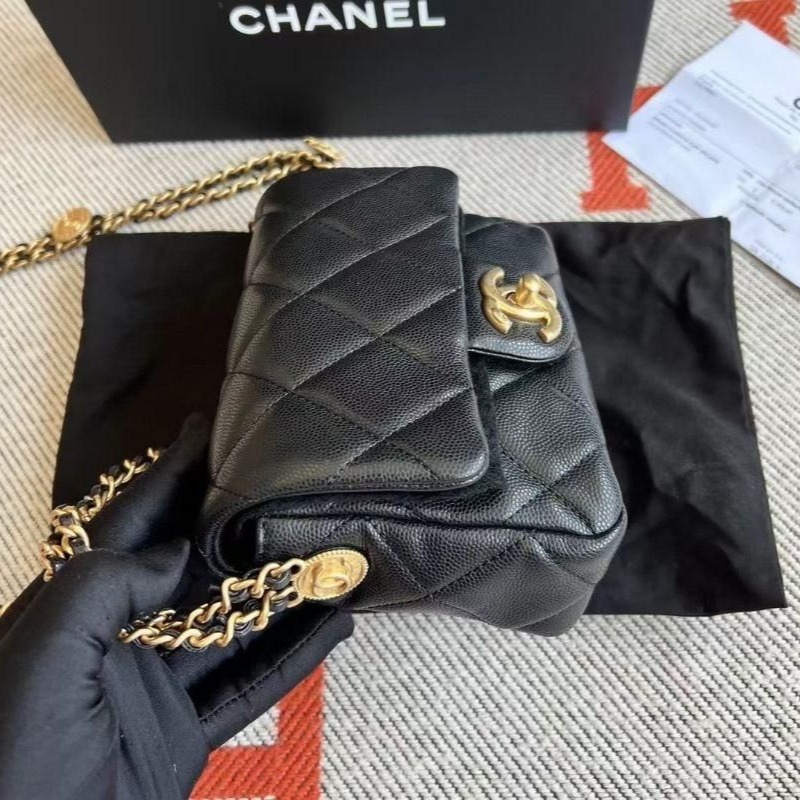 二手CHANEL 香奈兒22B新款荔枝紋金幣方胖子鏈條包-細節圖3