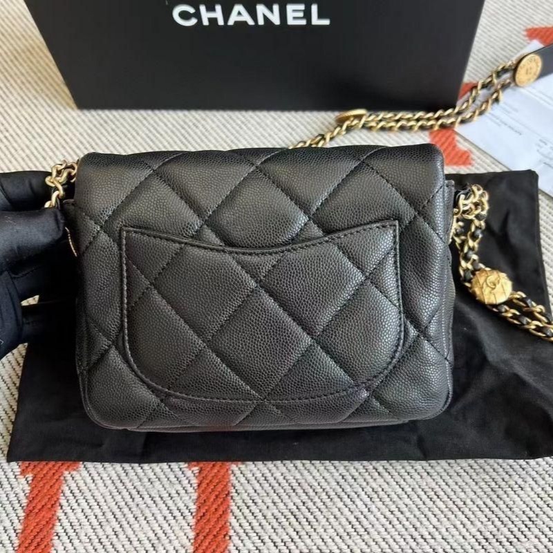 二手CHANEL 香奈兒22B新款荔枝紋金幣方胖子鏈條包-細節圖4