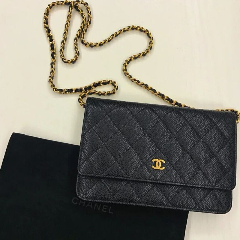 二手99Chanel香奈兒woc小鏈條包黑色金扣牛皮荔枝紋 單肩斜挎包-細節圖5