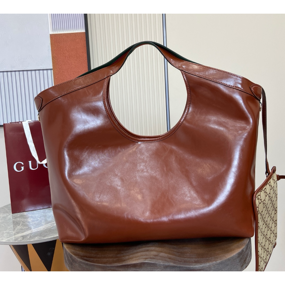 幾乎全新Gucci古馳Giglio棕色托特包女極簡風腋下包-細節圖3
