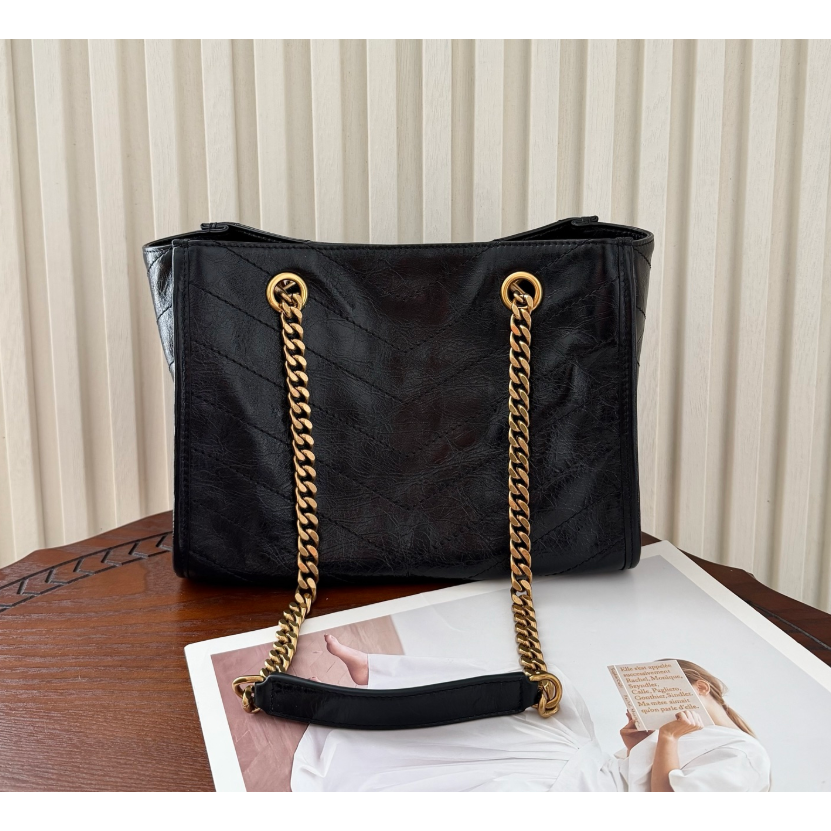 二手YSL聖羅蘭黑金Niki Shopping bag金鏈金標小號托特包單肩包-細節圖2