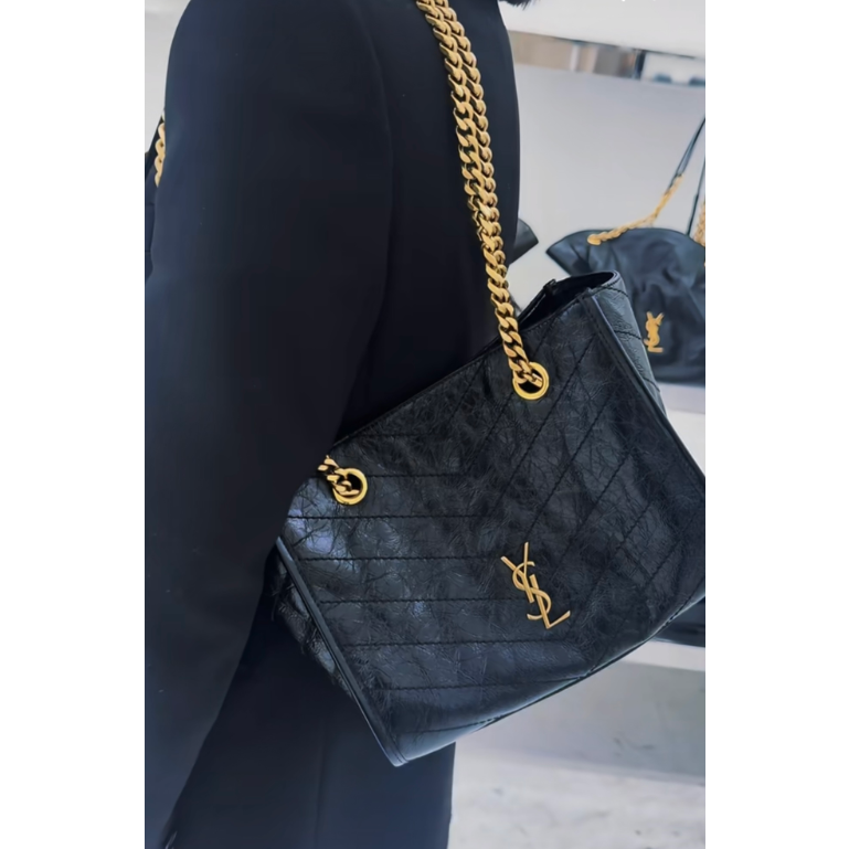 二手YSL聖羅蘭黑金Niki Shopping bag金鏈金標小號托特包單肩包-細節圖6