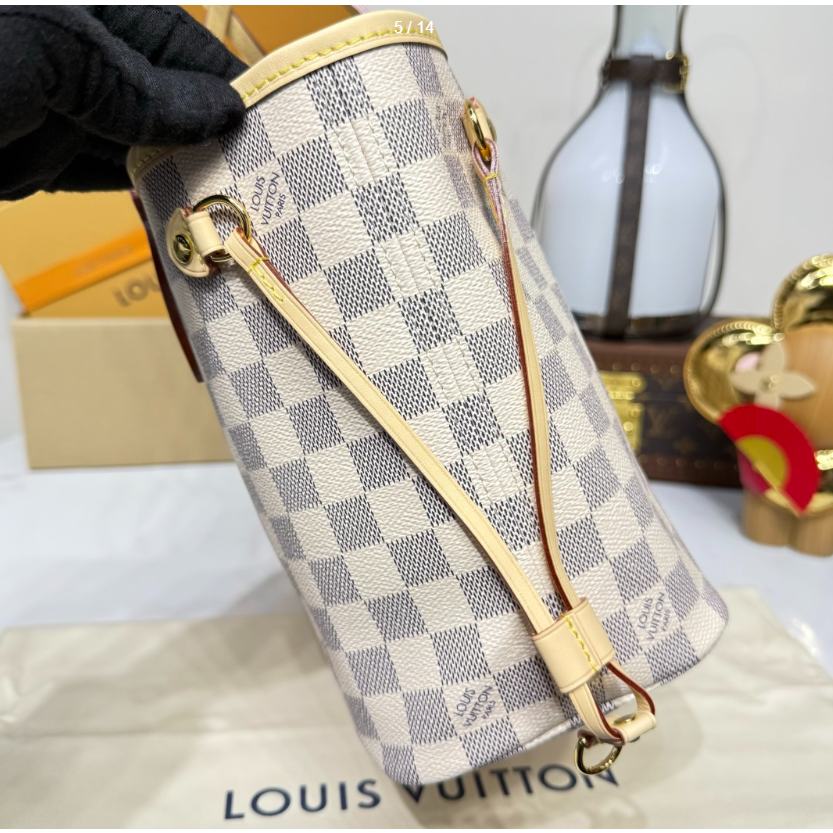 二手LV/女包 Neverfull  白色棋盤格紋單肩子母包-細節圖4
