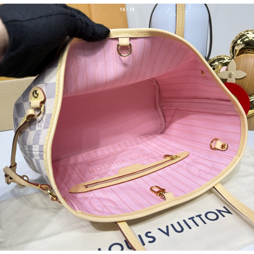 二手LV/女包 Neverfull  白色棋盤格紋單肩子母包-細節圖6