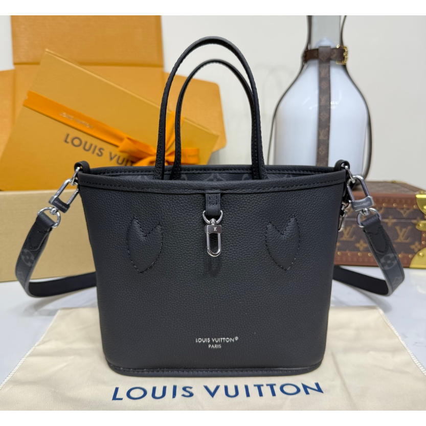 二手LV女包Neverfull BB黑色老花內襯牛皮雙面子母包M15210-細節圖2