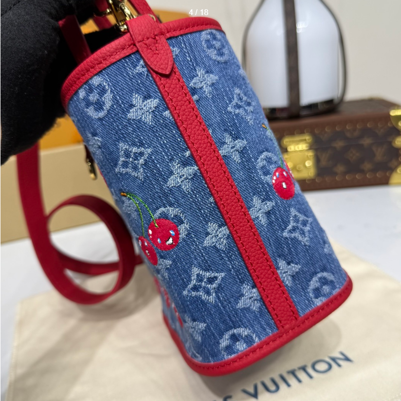 二手LV女包Neverfull BB村上隆牛仔櫻桃雙面手提單肩包M14997-細節圖5