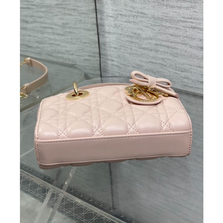 二手Dior 粉色迷你蝴蝶結手提包橫版戴妃-細節圖5