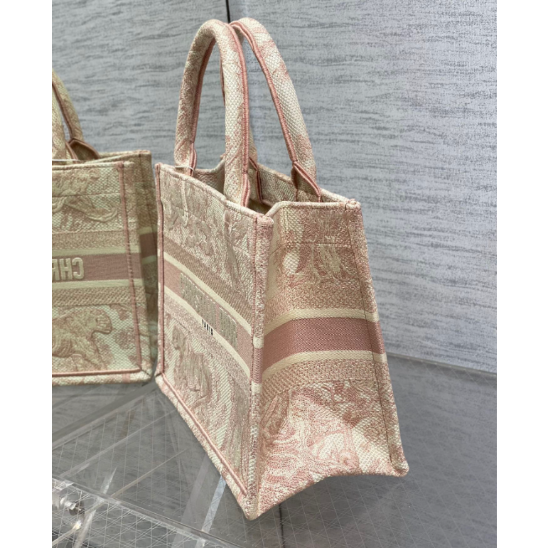 二手Dior 粉老虎刺繡單肩腋下包通勤百搭托特包包-細節圖4