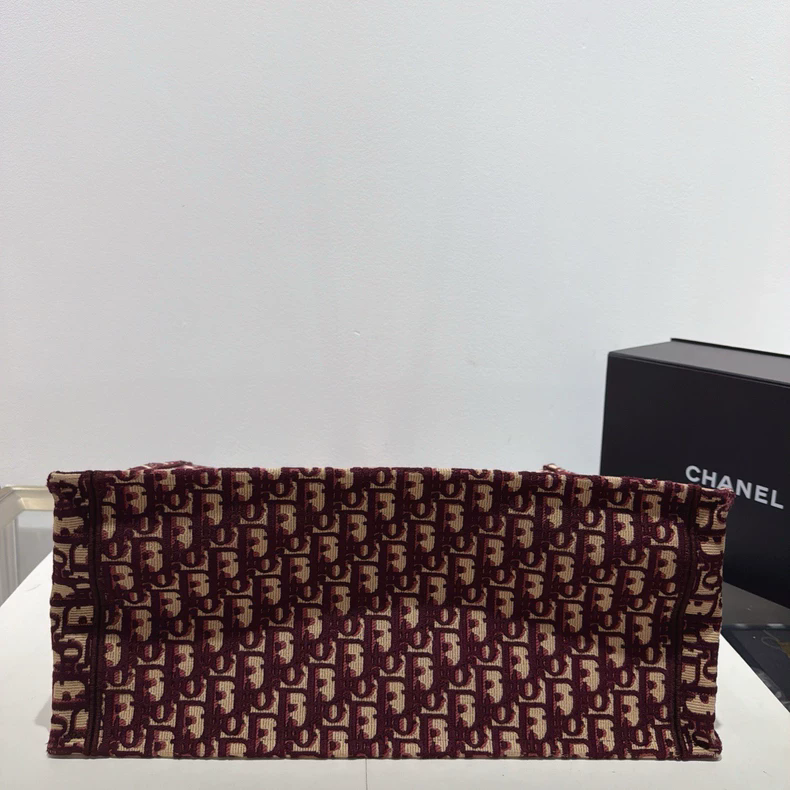 二手Dior/迪奧Book Tote酒紅色老花托特包購物袋-細節圖4