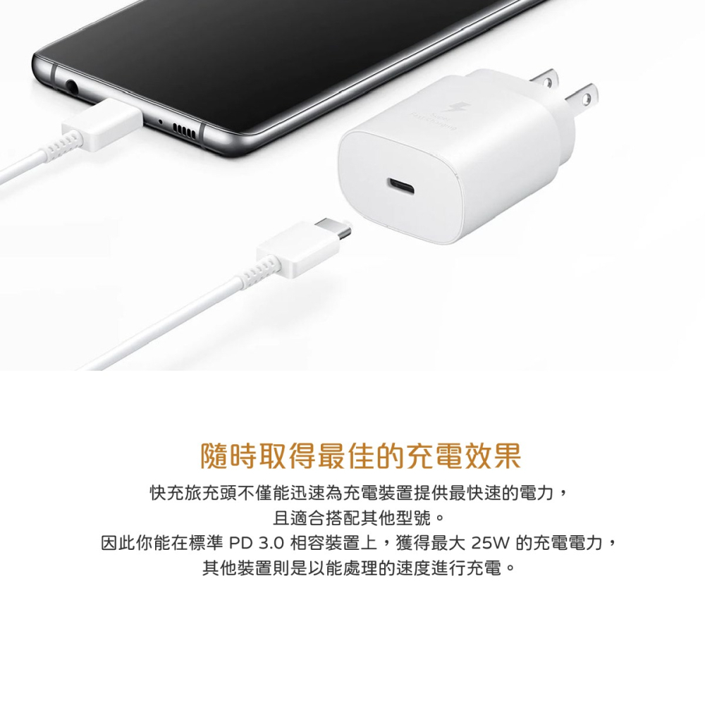 SAMSUNG GALAXY S23新款 原廠閃電快充25W + 5A 雙Type C線旅充組 1.8m-白色(盒裝)-細節圖6