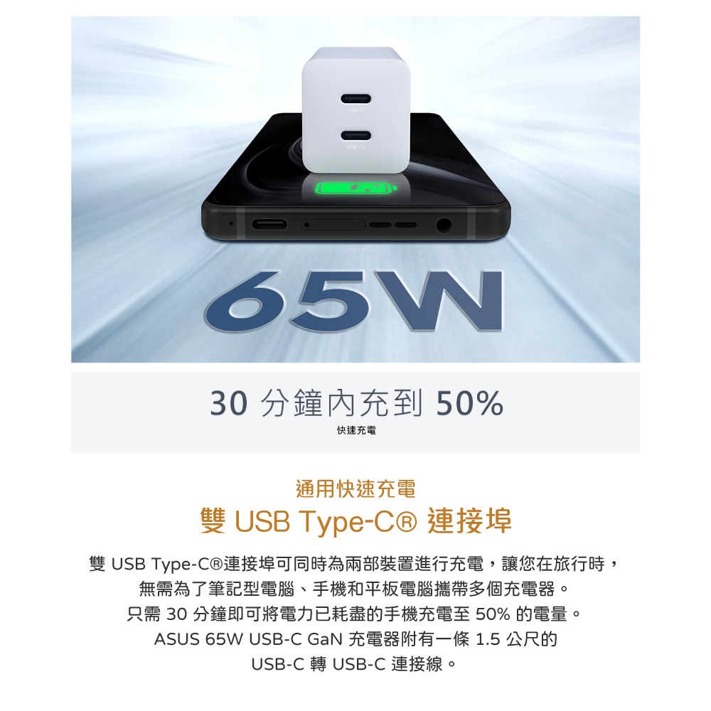 ASUS 台灣原廠盒裝 65W Type-C GaN 氮化鎵快充充電組 (含65W雙孔充電器+1.5M Type-C線)-細節圖9