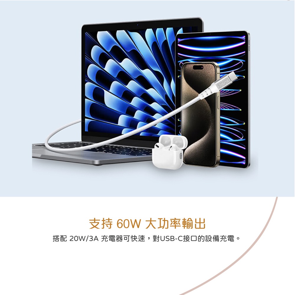 MEGA KING 原廠盒裝 60W Type-C to Type-C高速充電編織線 2M【20V/3A】PD/QC快充-細節圖8