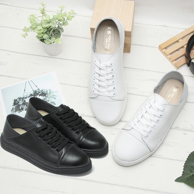 限時特惠8035L  MIT真皮日常休閒鞋 可後踩 兩穿式 全白休閒鞋 全黑休閒鞋 女鞋 平底鞋 _采靚鞋包精品-細節圖3