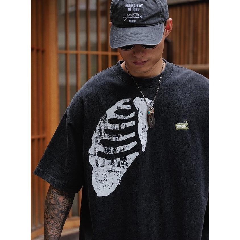 UNBENT 23SS 日系復古 水洗骨頭 印花 刺繡短袖 短T 上衣 cityboy【PS中壢】-細節圖4