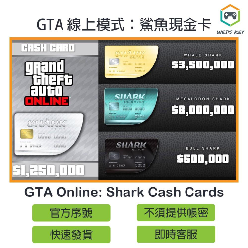 【官方序號】俠盜獵車手5 GTA Online: Shark Cash Cards GTA5 錢 鯊魚現金卡 PC