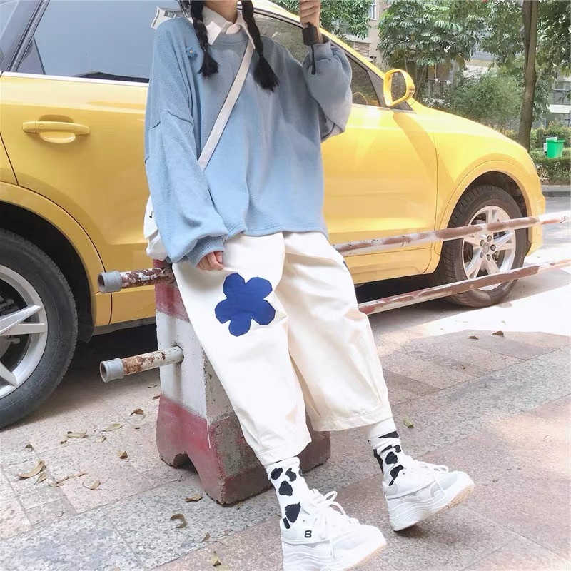 超可愛 藍色小花花 九分寬褲-細節圖2